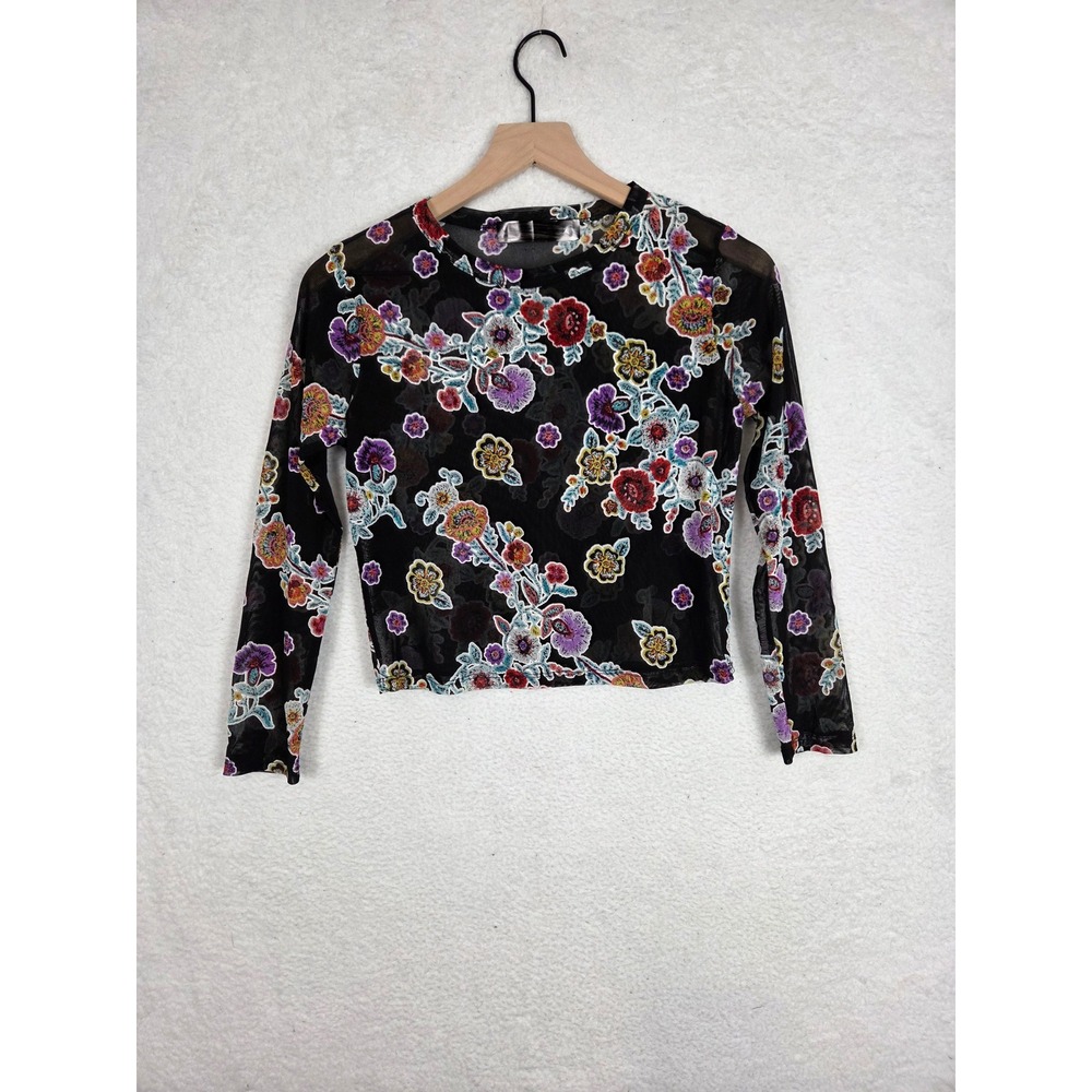 Womens Black Fairy Grunge Whimsigoth Floral Sheer Mesh Long Sleeve Crop Top Sz M - Picture 2 of 6